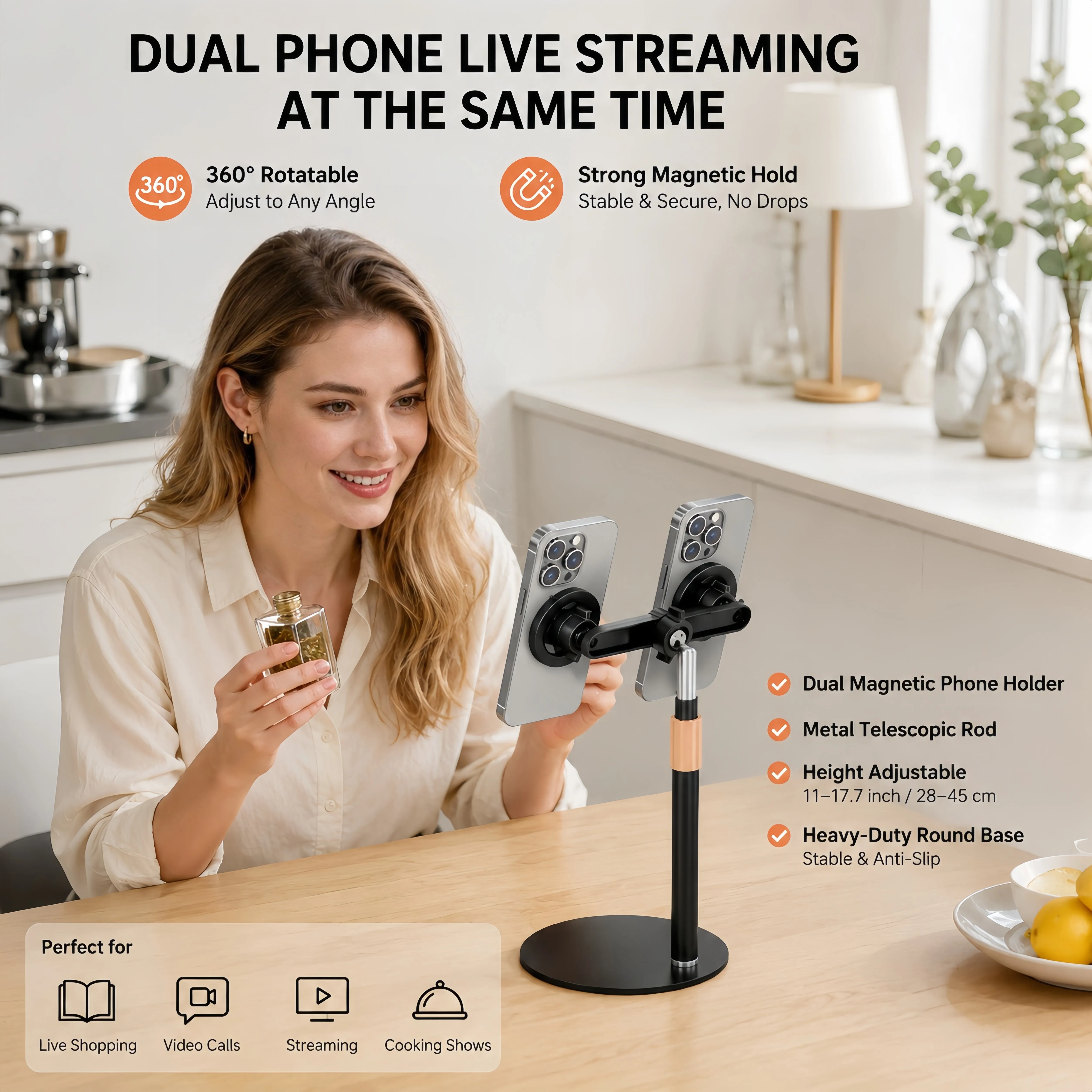 Desk Phone Tablet Stand, Adjustable Metal Holder, 360° Rotating for Live Streaming & Office Work