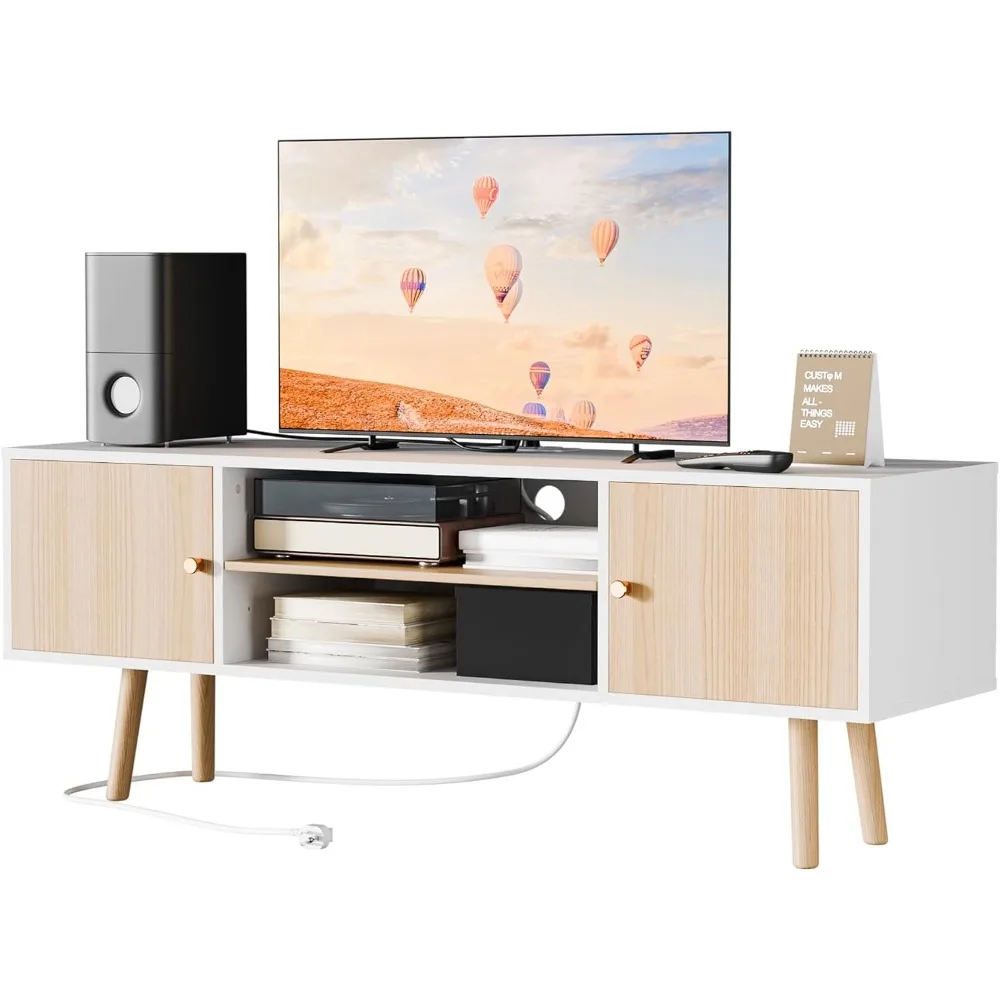 

TV Stand for 48''-55''TV, Mid Century Modern TV Console, Entertainment Center with 2 Storage Cabinets, Adjustable Shelf and Pow