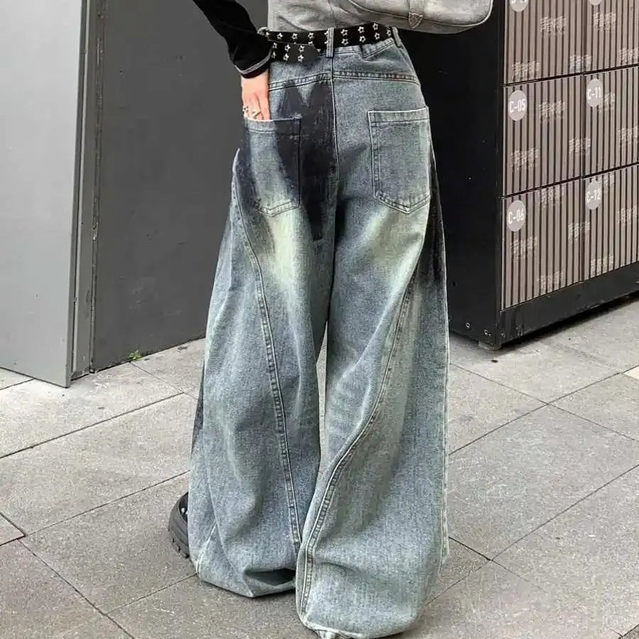 American Street Distressed Hole Straight Straight Spray-Painted Wide-Leg U-Shaped Jeans Women Versatile New  Loose Slimming