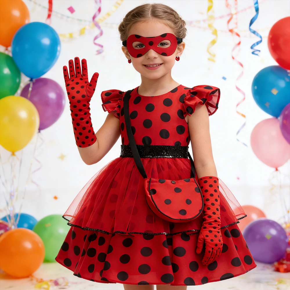 Kleines Mädchen Karnevalskostüm Rotes Marienkäfer-Kleid mit Punkten Prinzessinnenkleid mit Accessoires Kinder Geburtstagskleid Flügelärmel-Kleid Festkleid