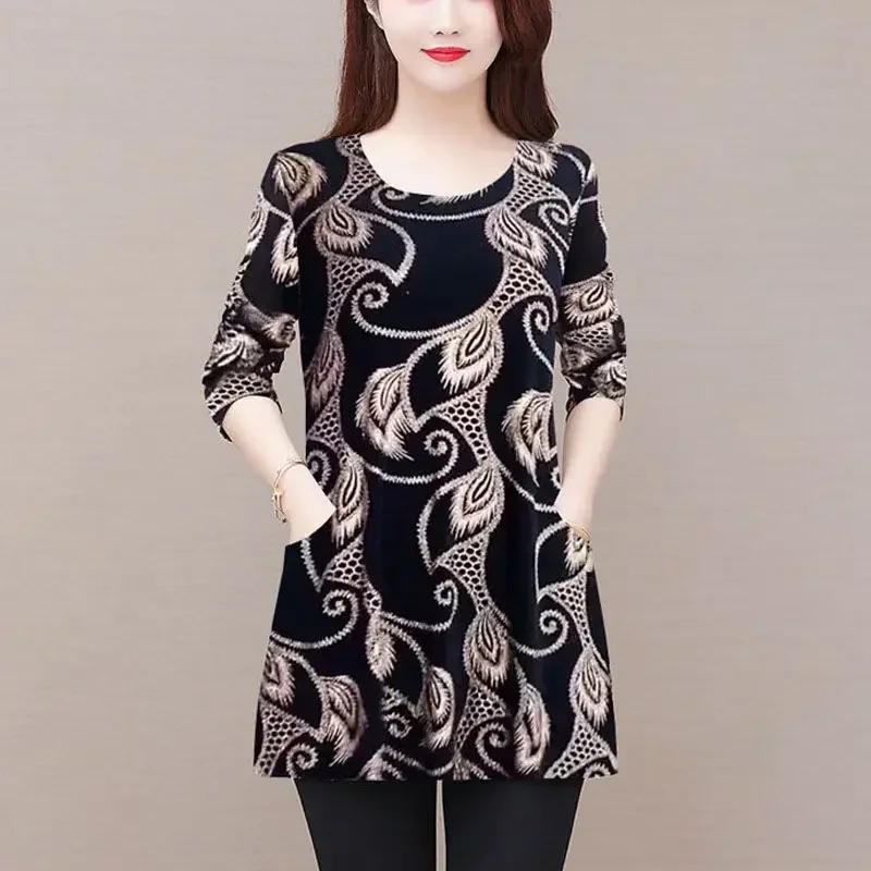 ママの長袖トップス 2024年 春秋新作 ゆったり リラックス スリム ファッション 中高年向け 丸首 プリントTシャツ
