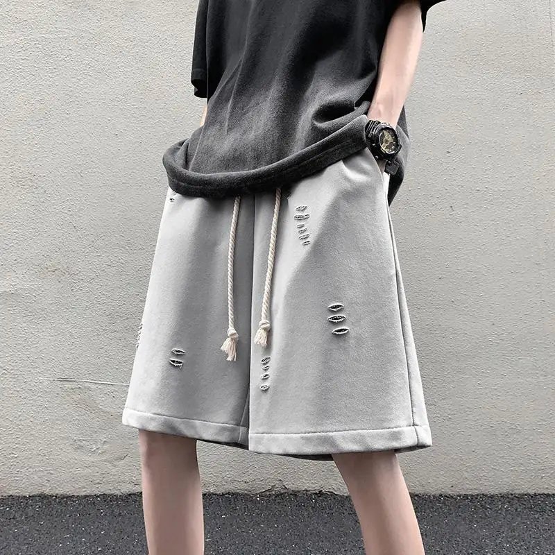 High Street Ripped Men Summer Retro Sports Cropped Pants