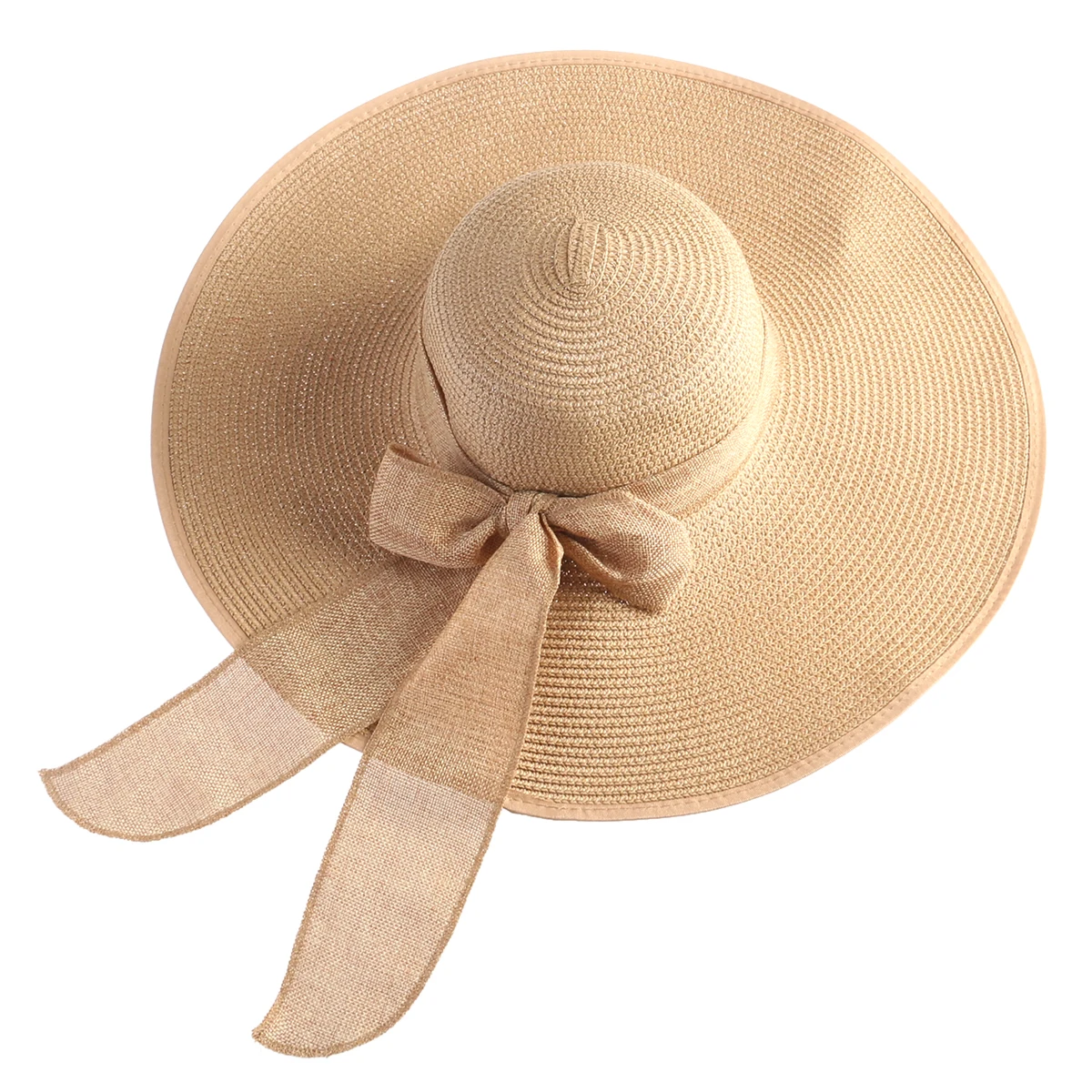 

Women'S Wide Brim Beach Straw Summer Floppy Sun Protection Caps Bowknot Design Khaki Lightweight Uv Resistant For Travel