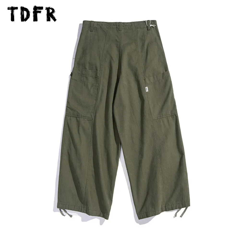 Multi-Pocket Cargo Pants Mens Safari Style Solid Color Casual Pants Loose Drawstring Wide Leg Pants Men Trousers