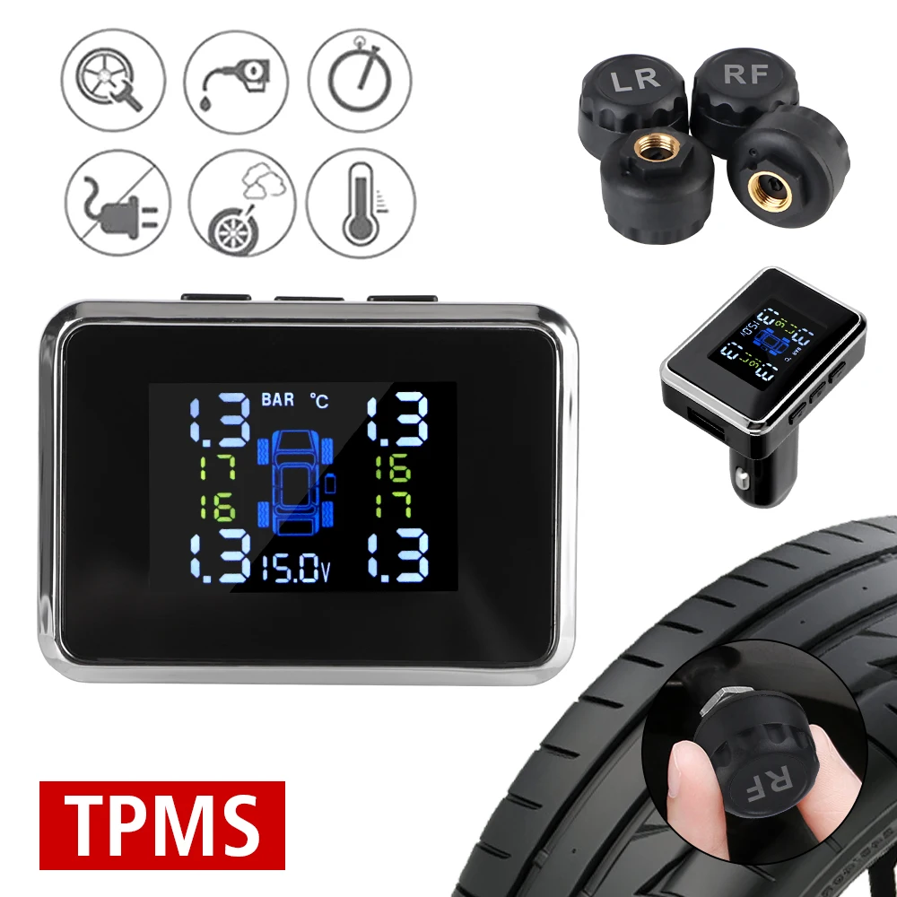 12V Digitales TPMS Reifendruckkontrollsystem mit Zigarettenanzünder-Adapter, 4 TPMS-Sensoren, USB-Ladegerät 3.0 und Voltmeter