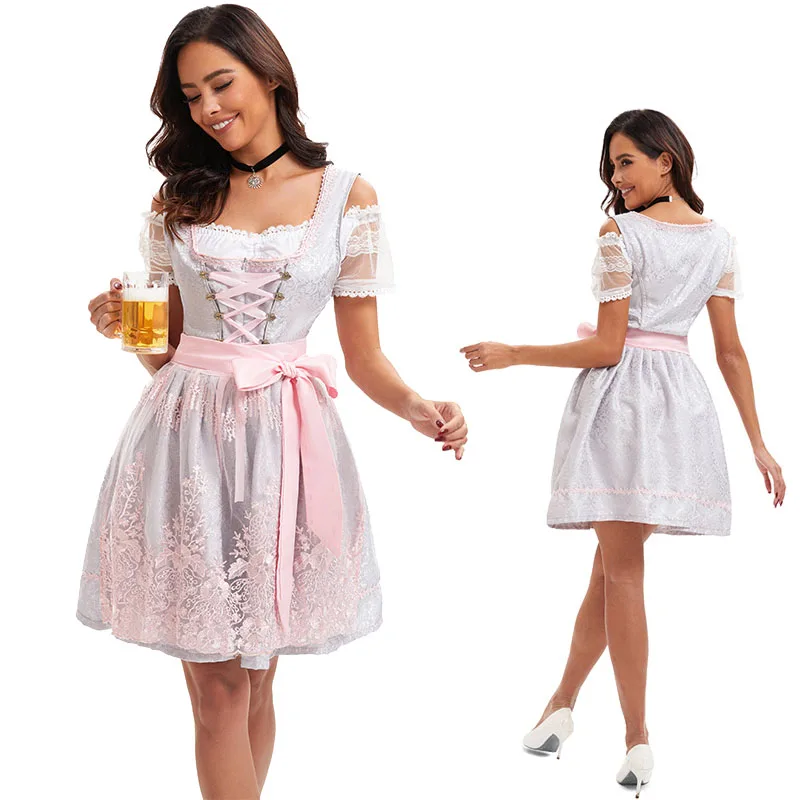 Lace Floral German Oktoberfest Dress Maid Costumes for Women Bavarian Cosplay Costume Pink German Top wtih Skirt Apron Ribbon