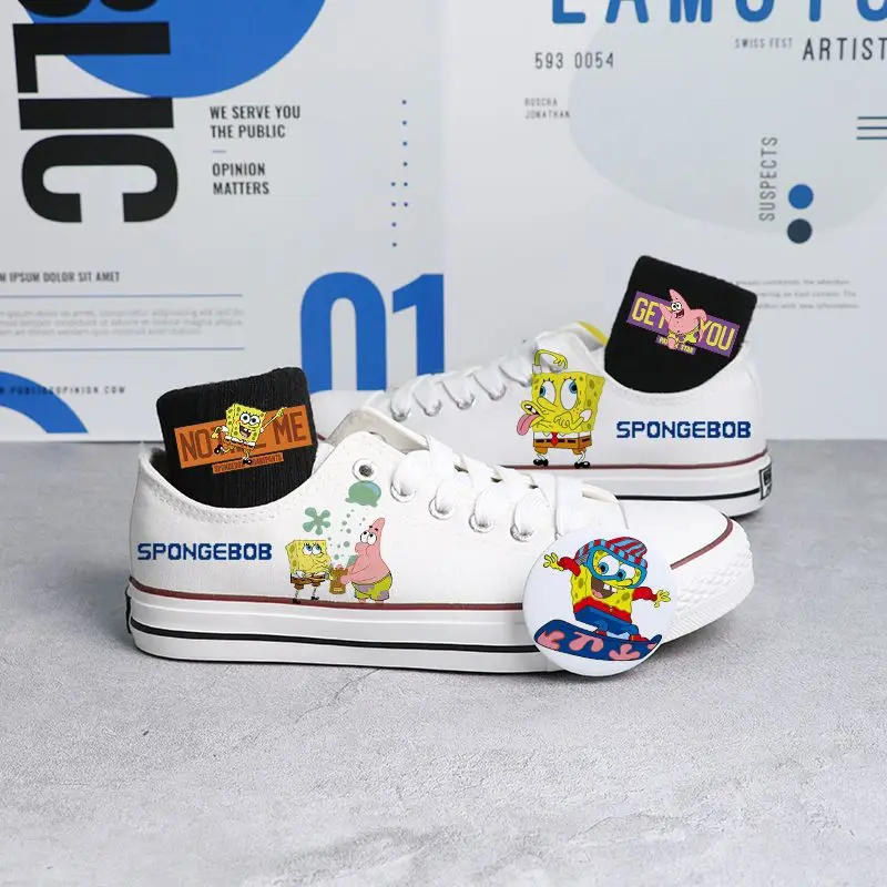 SpongeBob SquarePants white black Low Top Canvas For Men And Women Small White Summer Couple Breathable Board Shoes