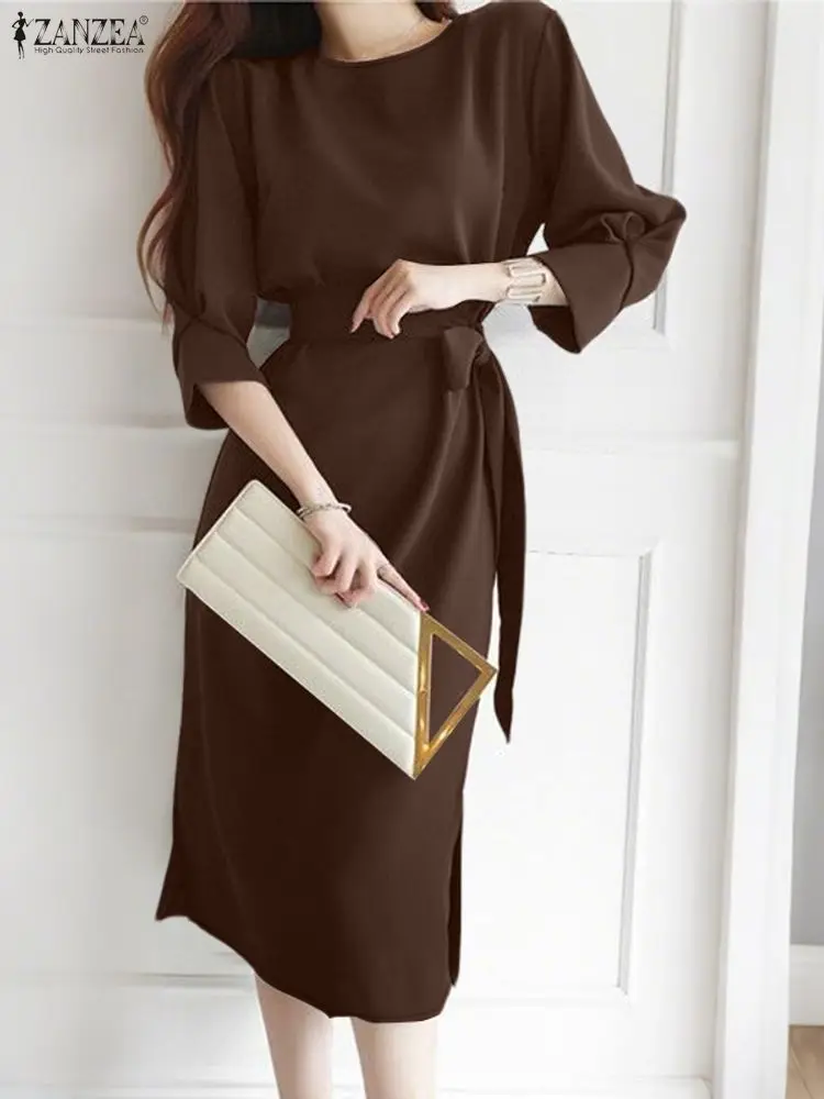 2025 ZANZEA قميص نسائي أنيق Vestidos الخريف 3/4 كم مربوط فستان الشمس للحفلات موضة رقبة مستديرة فساتين متوسطة الطول عادية الصلبة