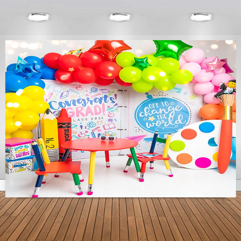 Kindergarten Graduating Class Baby Kid Birthday Party Decor Background Cartoon Table Balloon Painting Brush Backdrop Studio Prop