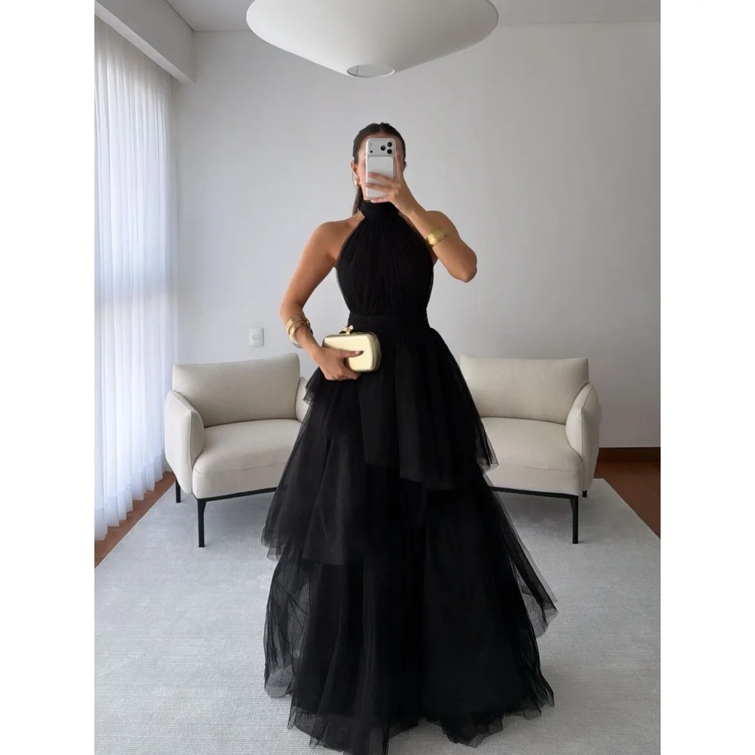 

Mina Customized Black Multi-layered Pleated Neckline Backless Sleeveless Prom Dresses 2026 Luxury Women's Elegant Party Dress