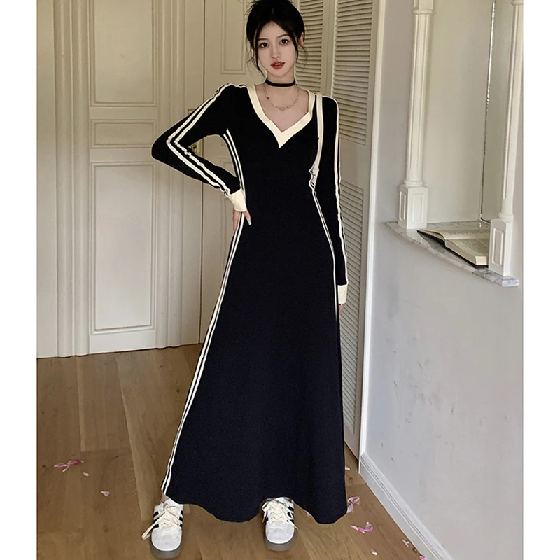 Gidyq Autumn Women Stripe Dress Korean Casual Patchwork Slim Ankle Length Dresses Fashion Female High Waist Long Sleeve Dress