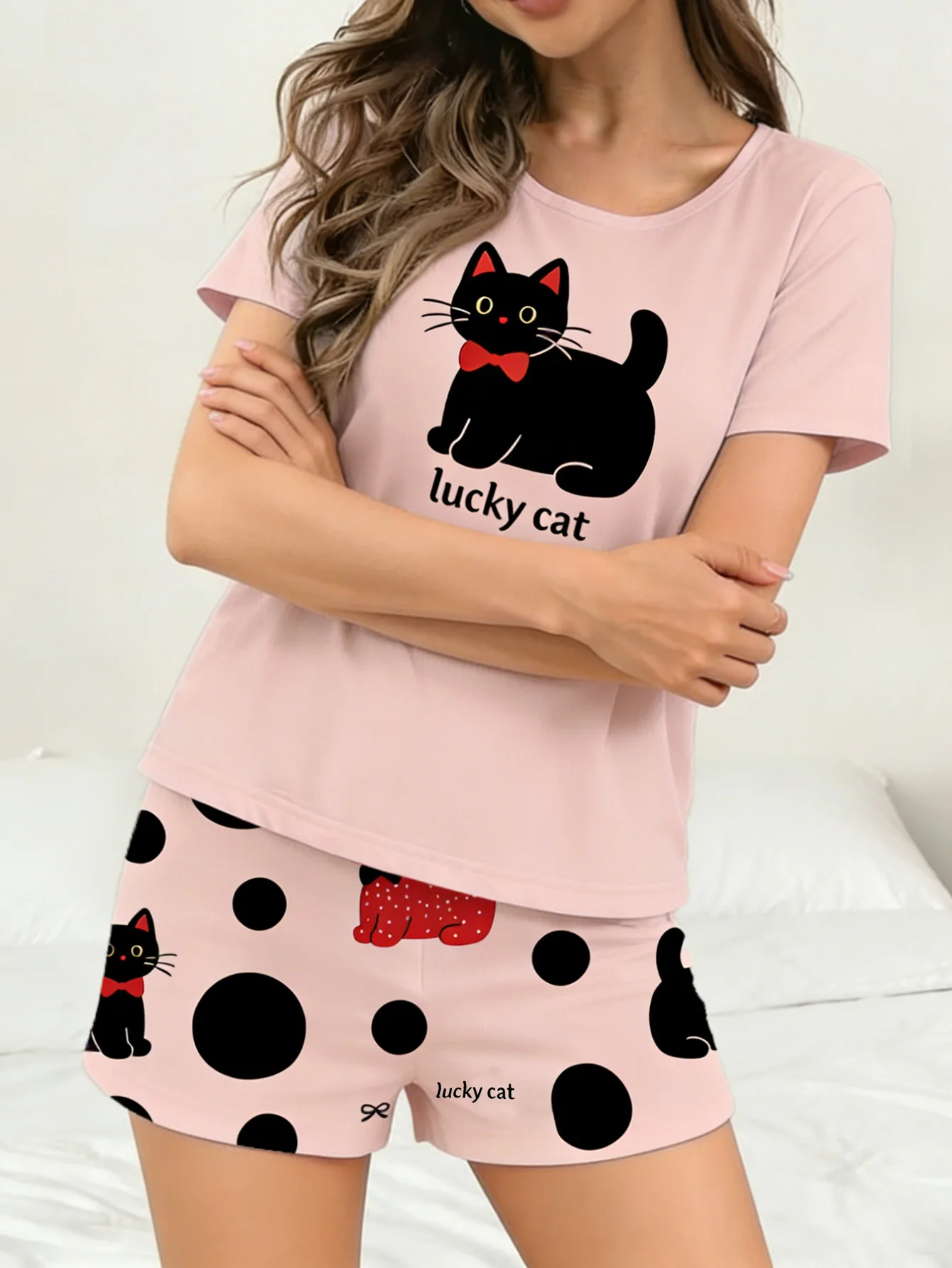 

Женский пижамный комплект с короткими рукавами и цифровым принтом Pink Cat