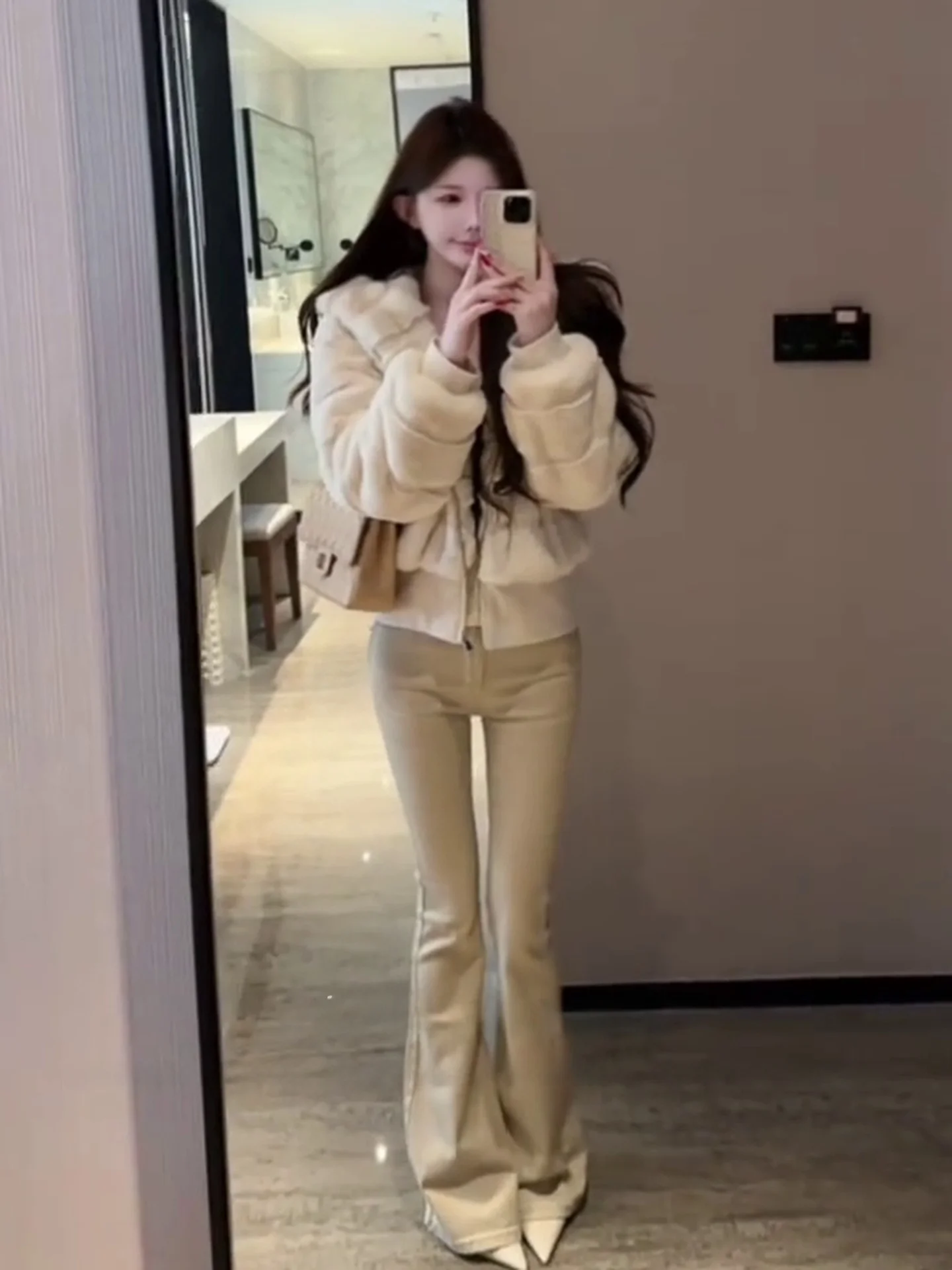 

High Waist Elastic Slimming High Rise Bell Bottom Jeans Women's Autumn Winter Fashion Korean Style Tea Milk Color Denim Pants