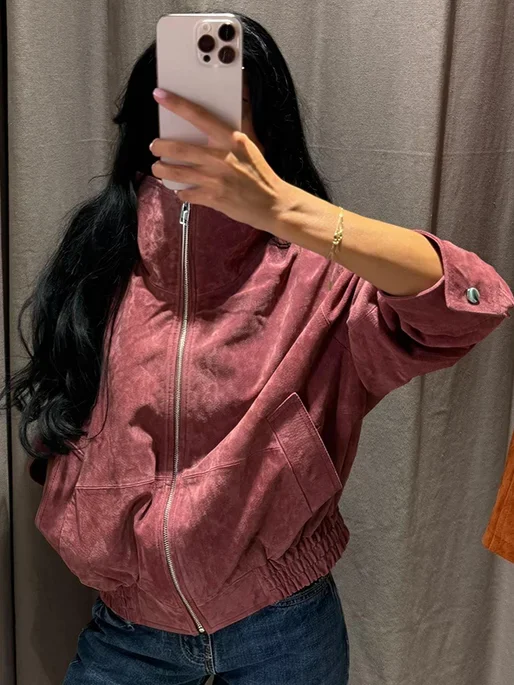 Casual Suede Women's Short Jacket Loose Stand Collar Zipper Long Sleeve Pockets Coat  Autumn Lady Fashion Outwear
