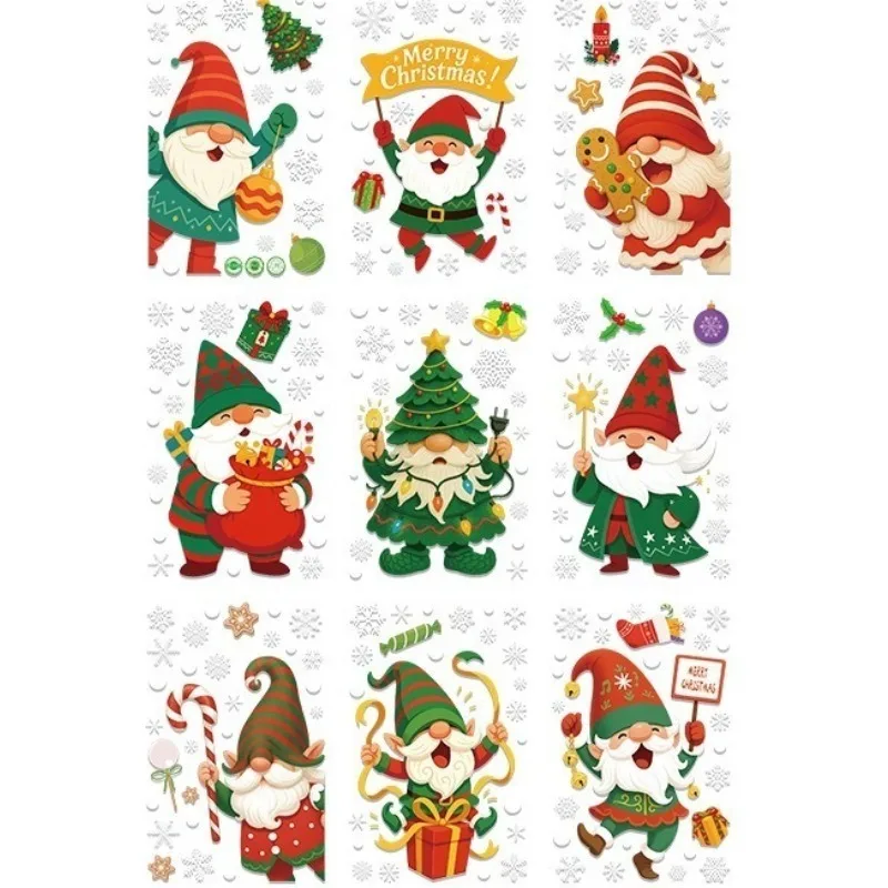 สติกเกอร์ลายซานตาคลอส เอลฟ์ เกล็ดหิมะ 9 แผ่น/ชุด สติกเกอร์ติดกระจกคริสต์มาส ของตกแต่งงานปาร์ตี้