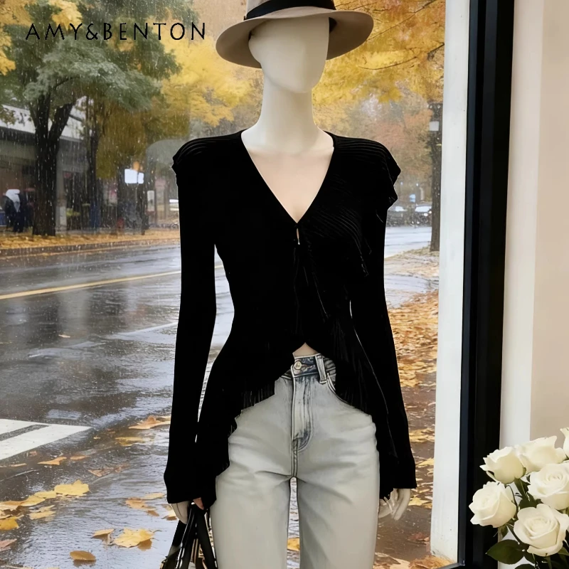 

French Retro Design Black V-neck Ruffle Edge Knitted Women's Cardigan 2026 Spring New Sweet Cool Thin Sexy Lace-up Top Ladies
