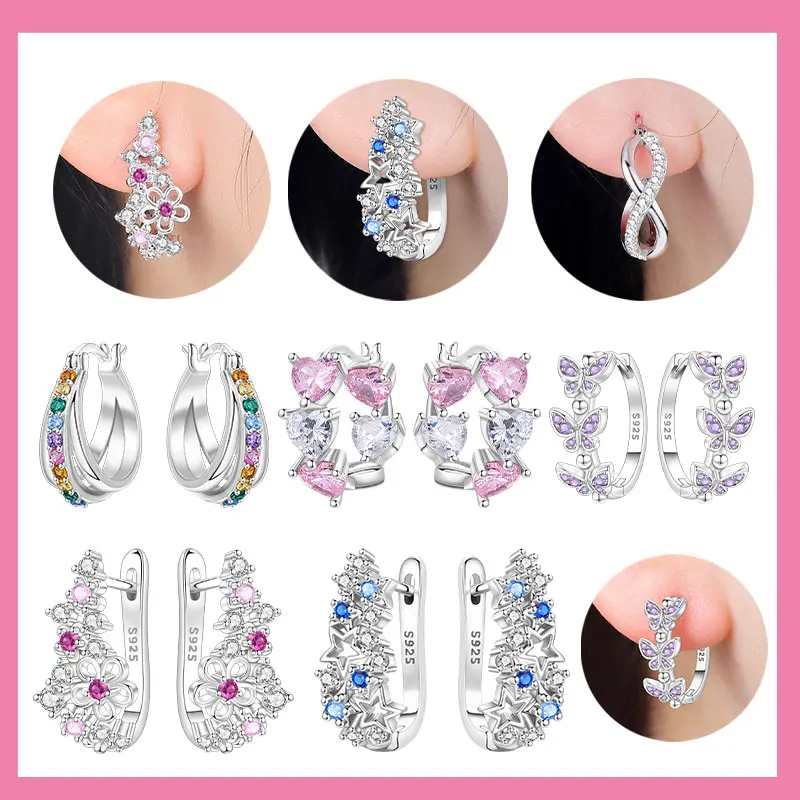 

925 Sterling Silver Blue Pink Galaxy Flower Heart Butterfly Hoop Earrings Wedding Anniversary Jewelry Gift for Women