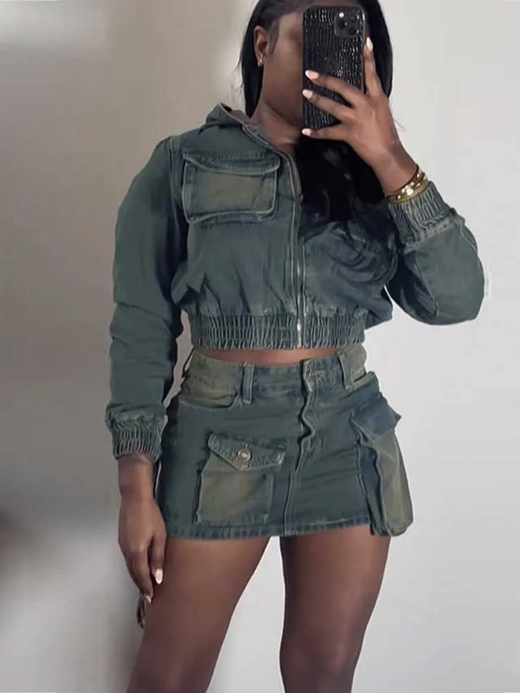 Women Y2k Matching Top and Skirt Set Denim Hoode and Short Skirt Sexy Streetwear Outfits for Female Wholesale Dropshipping