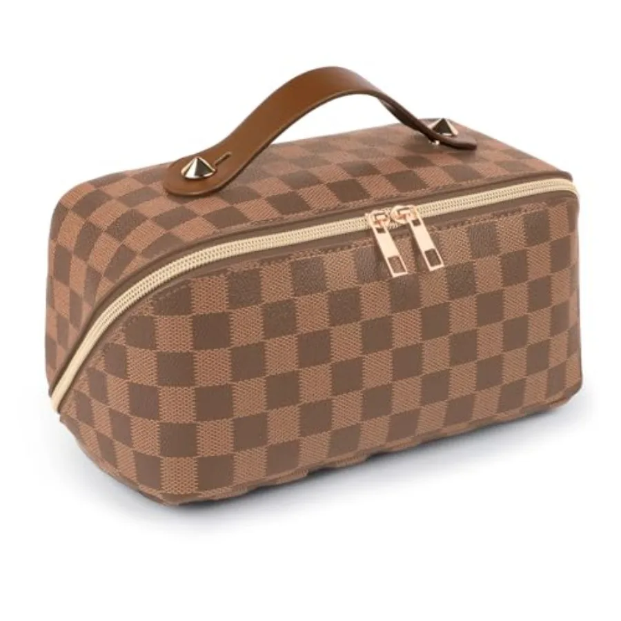 

Leather Travel Makeup Bag, Large Capacity Cosmetic Bag for Women, Waterproof Portable Pouch with Divider, Toiletry Organizer wi