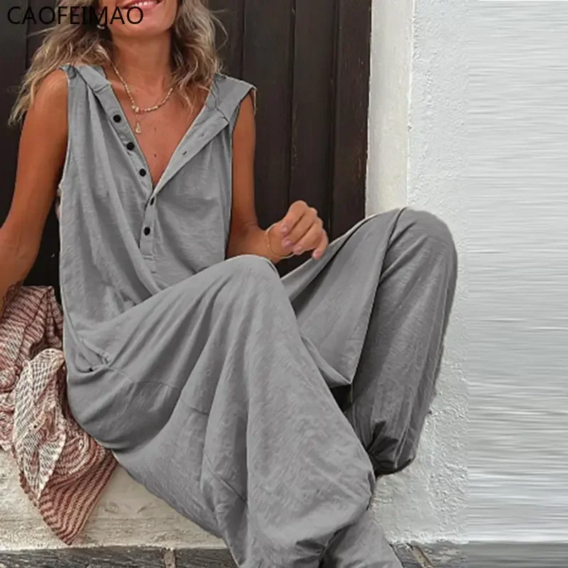 

Summer Solid Color Sleeveless Hooded Jumpsuits Elegant Casual Button Long Rompers Fashion Simple Street Loose Playsuit Overalls