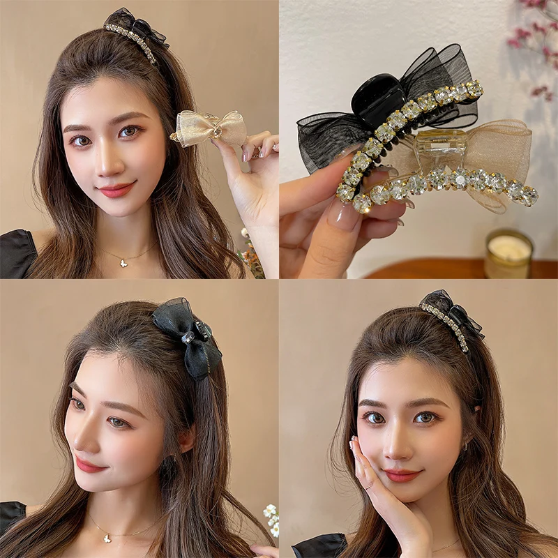 Korean-style AB Double-sided Diamond Bow Small Size Grab Clip Mesh High Ponytail Women's Headwear Shark Hairclip