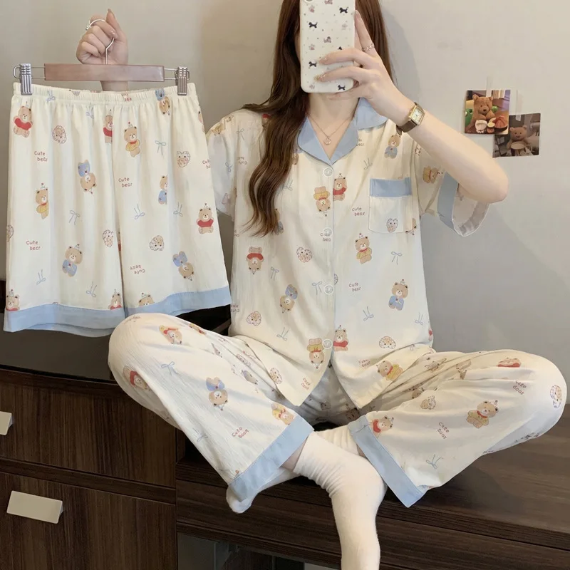 Summer New Women's Pajama Home Clothes 3-piece Set Color Contrasting Bear Loose Comfortable Pajama Short Sleeve Pants Set