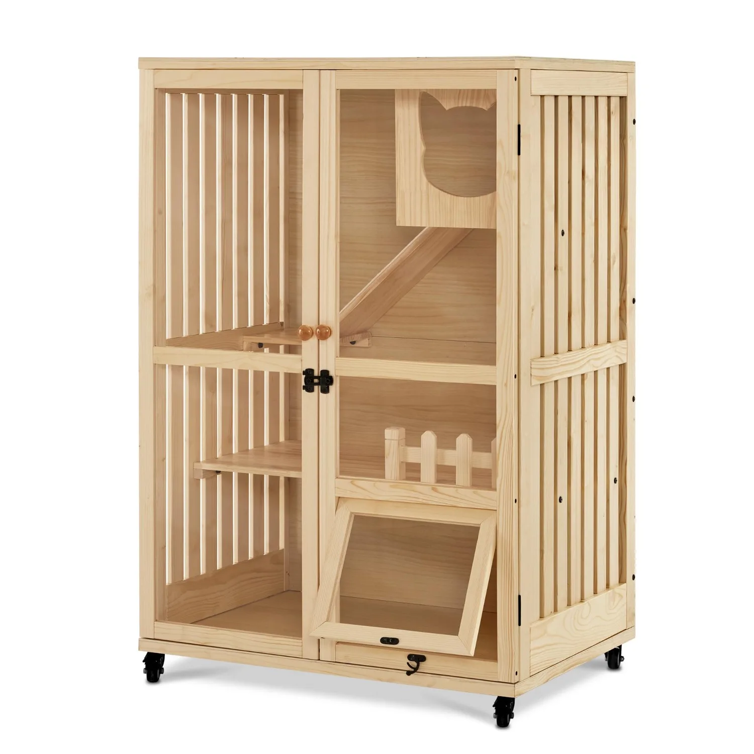 Small Wooden Luxury Cat House Furniture for Indoor Cats CT090 | Solid Fir Wood, Clear Acrylic Panels, Escape Door