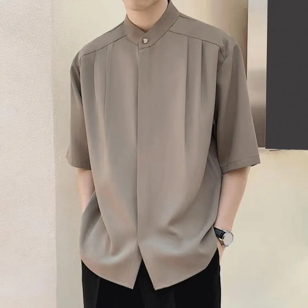 

Men Solid Color Shirt Stylish Men's Stand Collar Ice Silk Cardigan for Summer Business Casual Wear Ice Silk Men Shirt