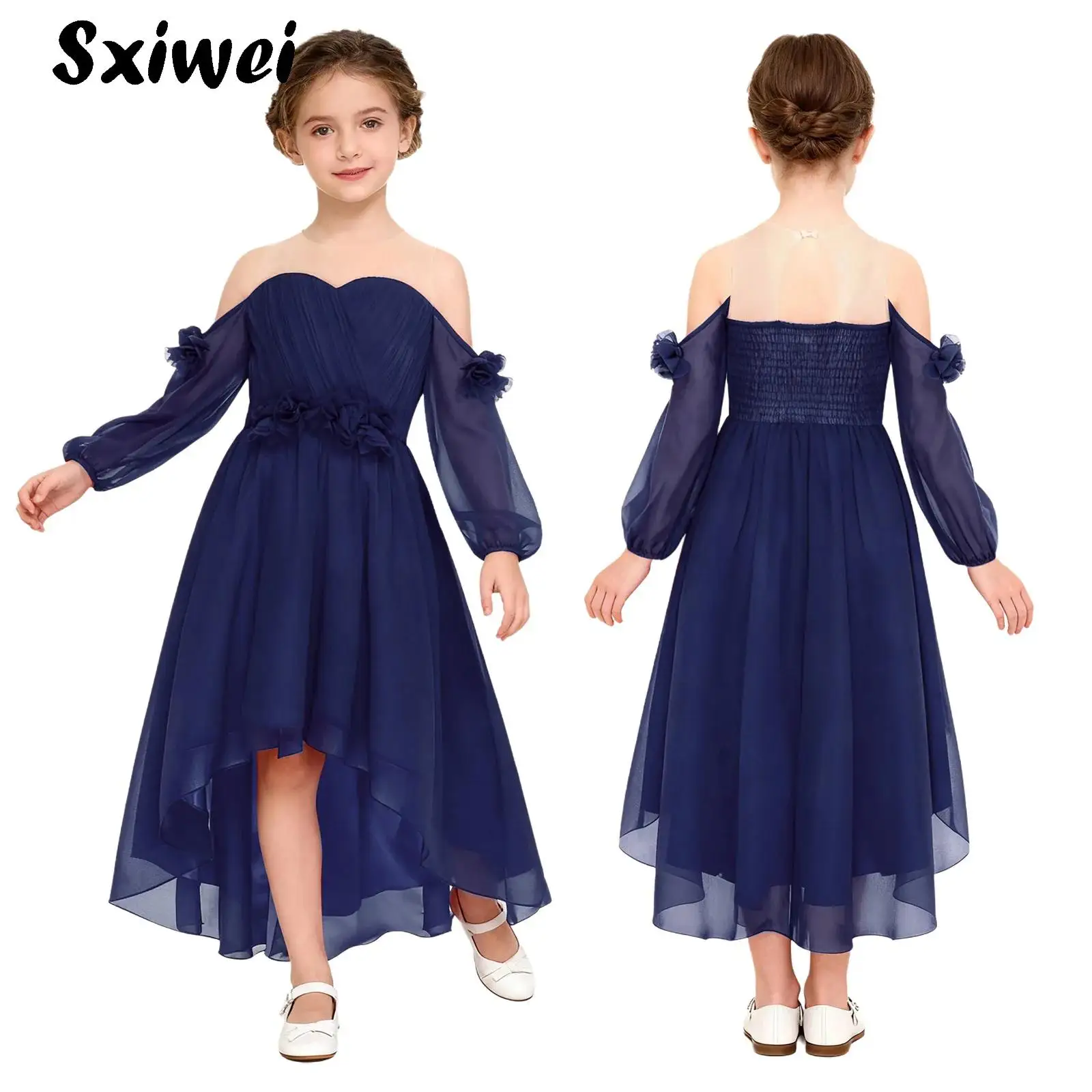 

Flower Girls Princess Dress Long Sleeve 3D Flower Appliques Wedding Bridesmaid Dress High Low Cold Shoulder Chiffon Ball Gowns
