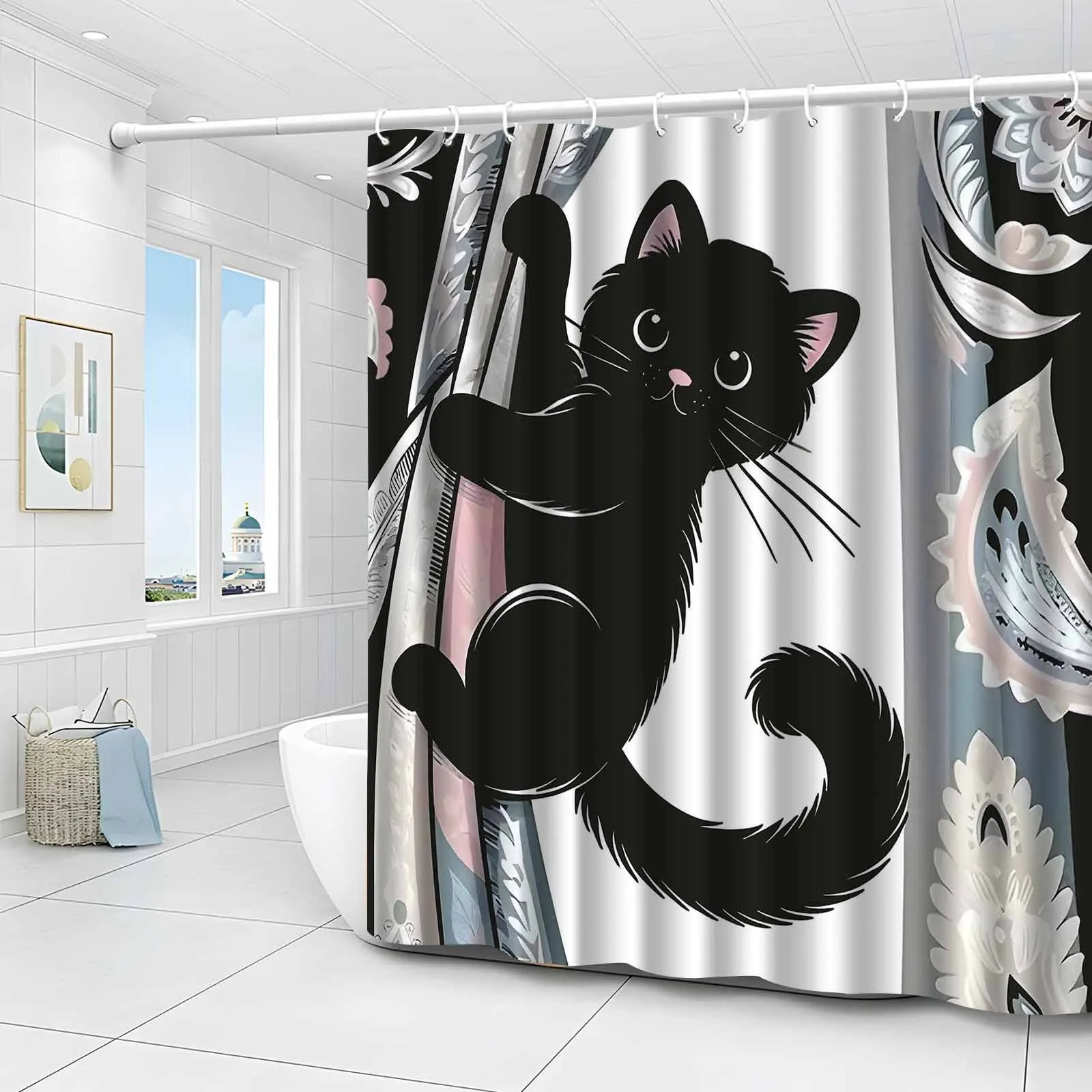 VIKAMA Entzückender Duschvorhang mit schwarzem Katzenmuster, hochwertiger, eleganter Duschvorhang, Badezimmervorhang, Heimdekoration