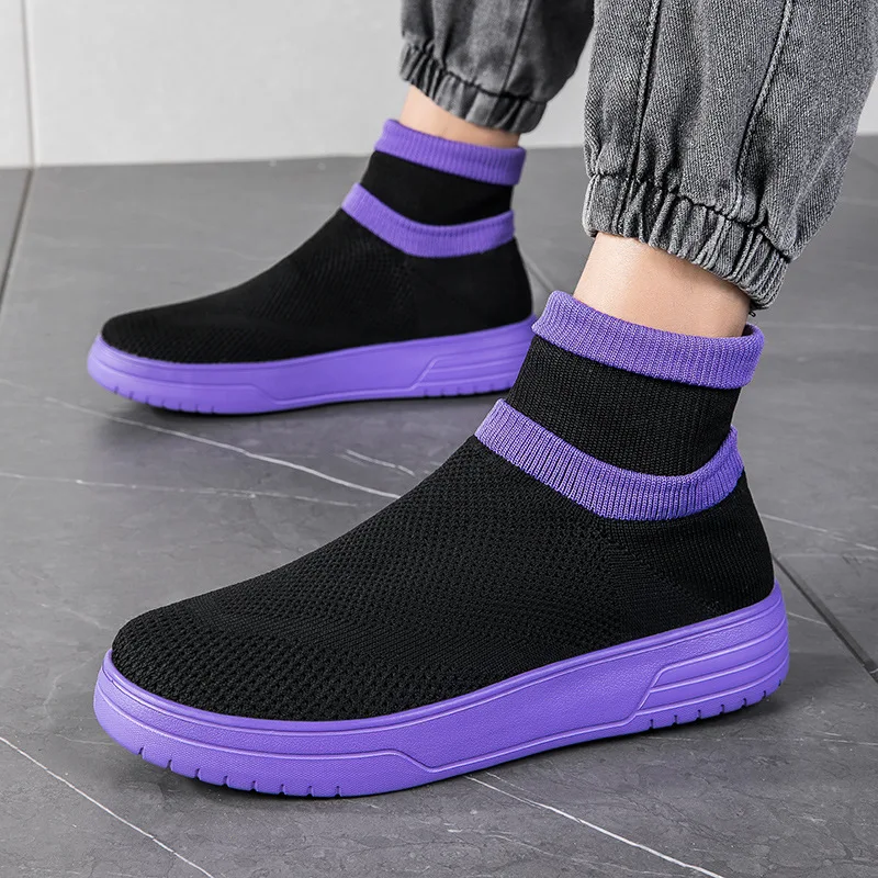 Men Thick Bottom Sneakers Autumn Couple New Non-slip Sock Shoes Breathable Mesh Round Head Casual Walking High-top Flats