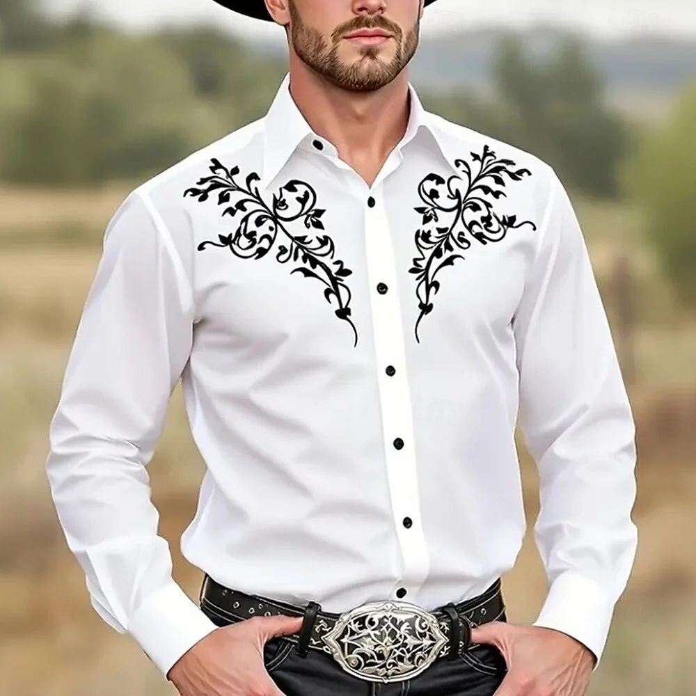 

New men's floral art print ethnic style shirt, western cowboy shirt, long-sleeved classic style beach collar shirt, fast shippin