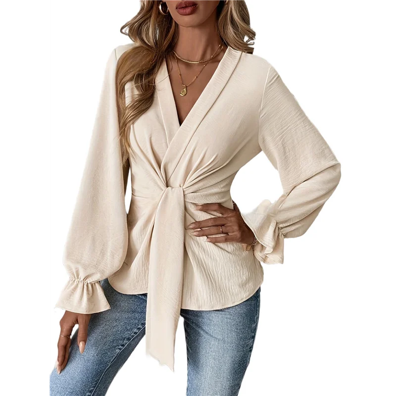 

FX-Women's V Neck Bell Sleeve Blouses Top Knot Front Wrap Ruffle Hem Blouses