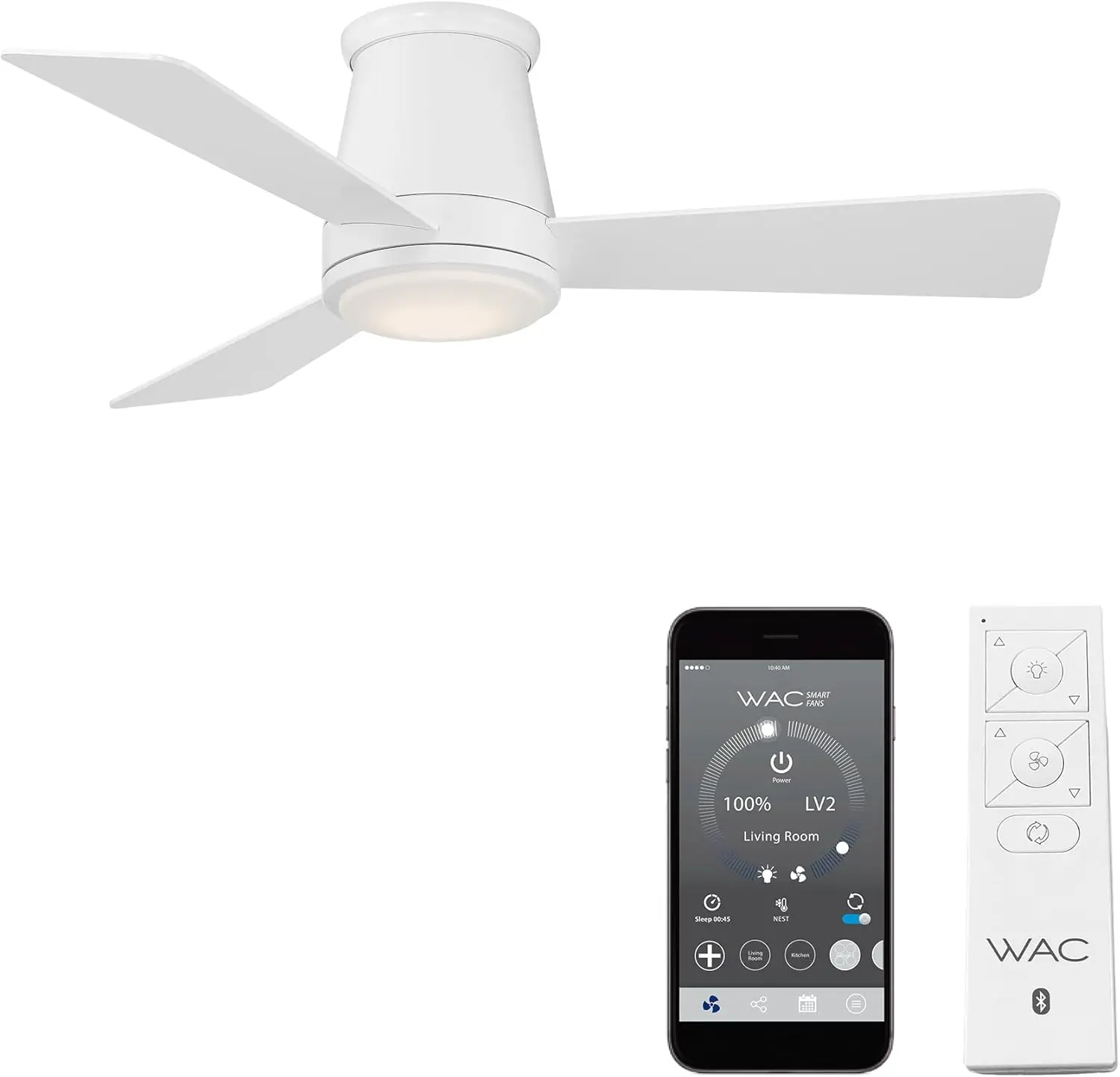 Fans Hug Indoor and Outdoor 3-Blade Flush Mount Smart Home Ceiling Fan 44in Matte White with 3000K LED Light Kit