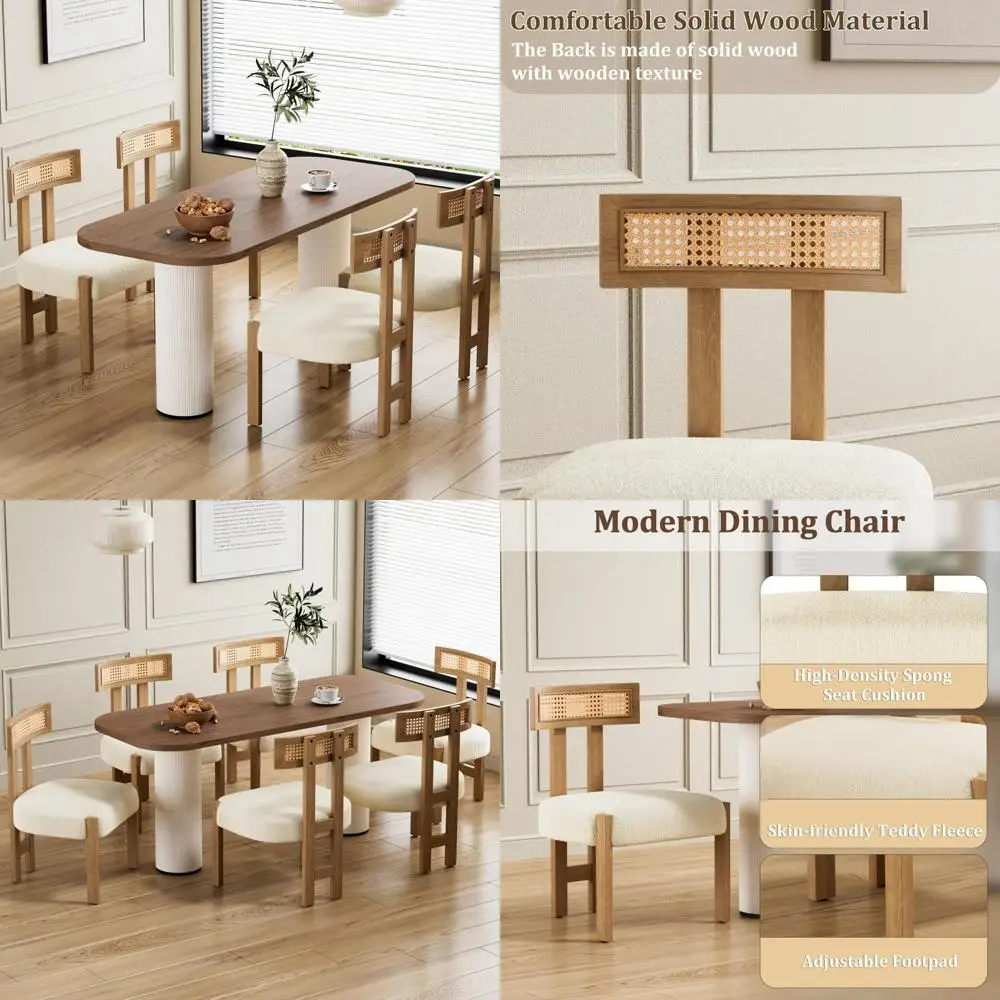 مجموعة كراسي تناول الطعام الحديثة في منتصف القرن مكونة من 4 قطع، كراسي مطبخ منجدة مستديرة بدون ذراع مع أرجل خشبية وتصميم خلفي للقصب #1