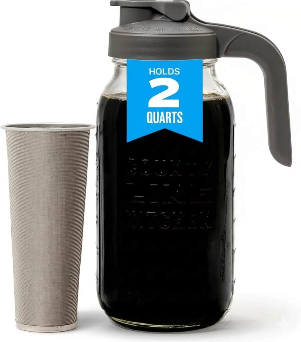 

Glass Cold Brew Coffee Maker with Lid - Wide Mouth, 2 Quart (64 oz) - Heavy Duty, Leak Proof - Sun & Iced Tea Pitcher, Cold