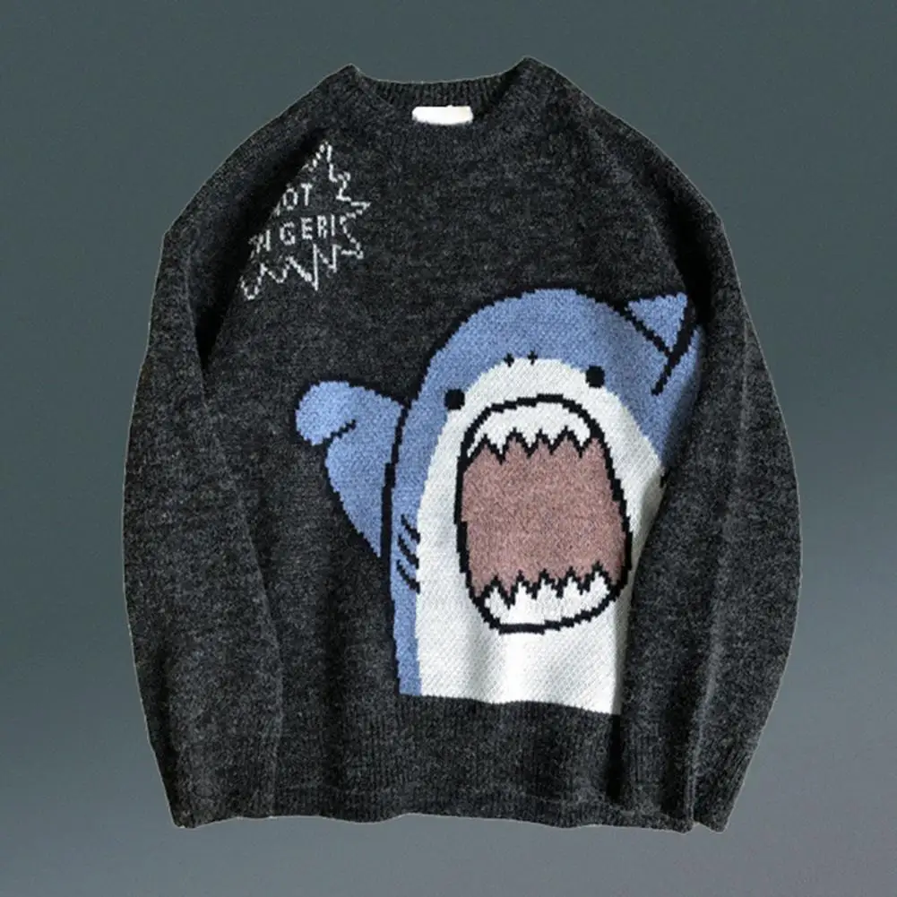 Harajuku Vintage Cartoon Men Sweater Harajuku Shark Print Oversize Popular Winter Womens Sweater Young Style Student Sweater