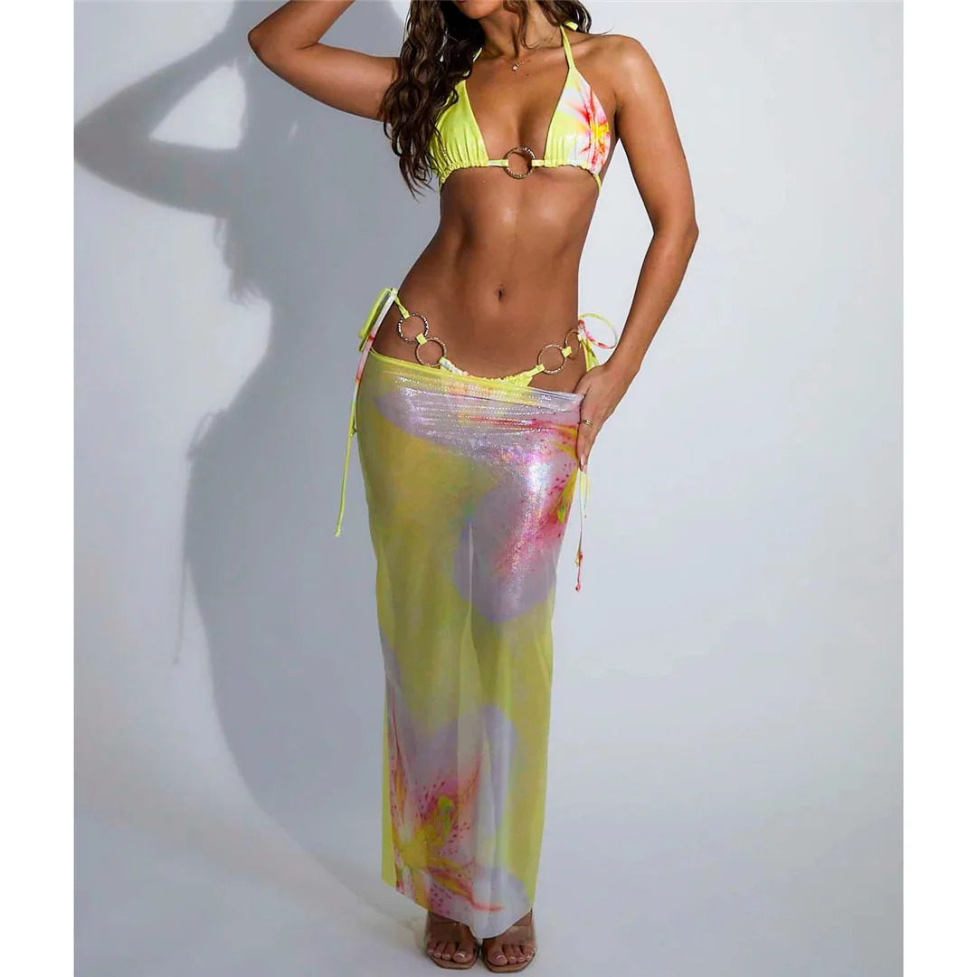 Blumenmuster mit Rock, Neckholder-Bikini, Damen-Badebekleidung, dreiteiliges Bikini-Set, Badeanzug, Badebekleidung, Schwimmbekleidung V6850 – Detail 10