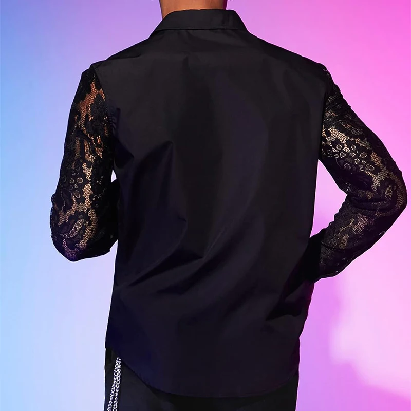 Sexy See Through Mesh Shirts Mens Long Sleeve Embroidery Mesh Lace Shirt For Men Spring Autumn Fashion Buttoned Lapel Cardigans