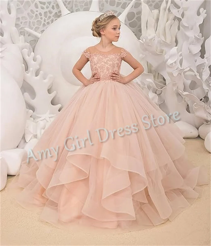 

Elegant Layered Tulle Flower Girl Dress For Wedding Appliques Floor Length Puffy Princess Birthday First Communion Banquet Gown