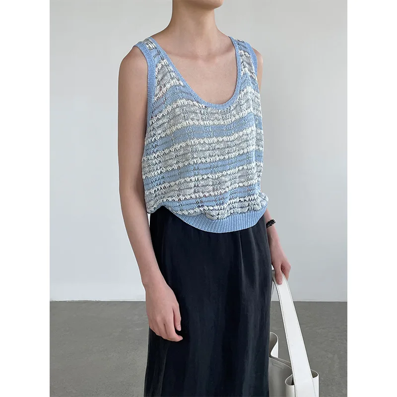 U-neck Contrast Stripe Hollow-out Versatile Vest for Women, 2026 Summer Niche, Versatile Sleeveless Top