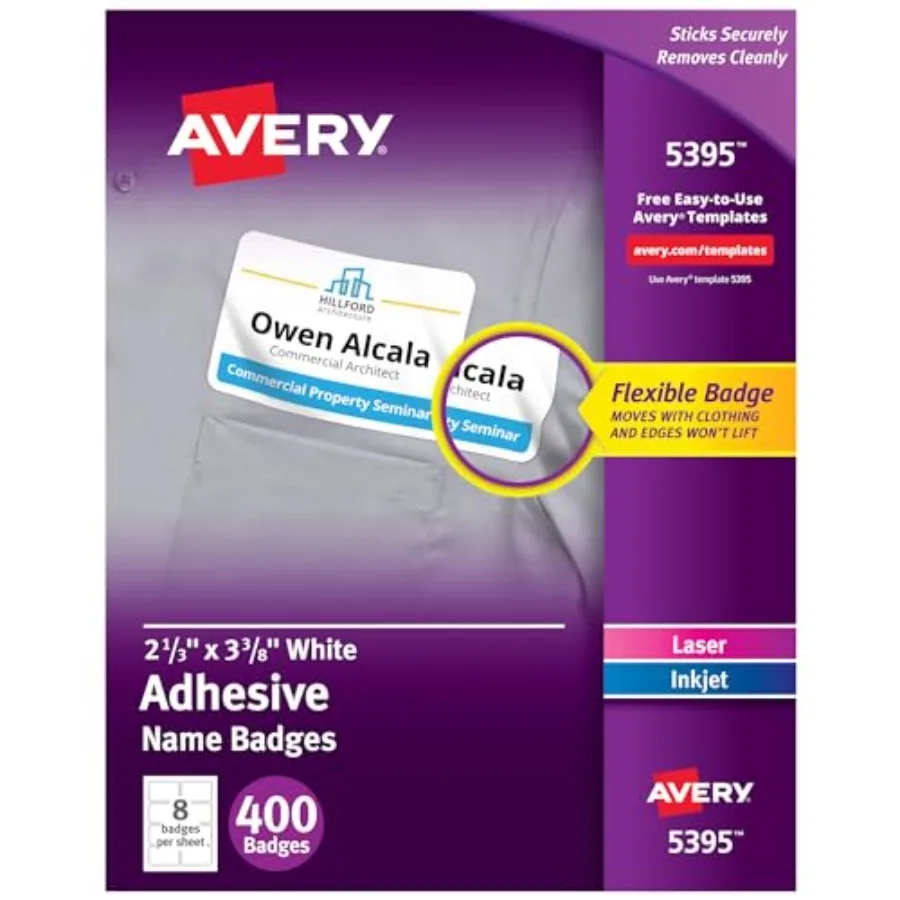 

Flexible Printable Name Tags 2-1/3" x 3-3/8" Matte White Removable Badges for Laser and Inkjet Printers 5395