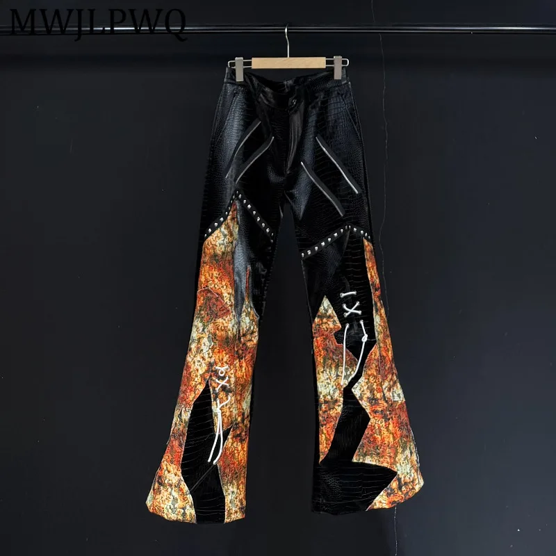 

MWJLPWQ High Street Pattern Patchwork Loose Trousers For Men Rivets Zipper Design Couple Style Drawstring Casual Pants New 12925