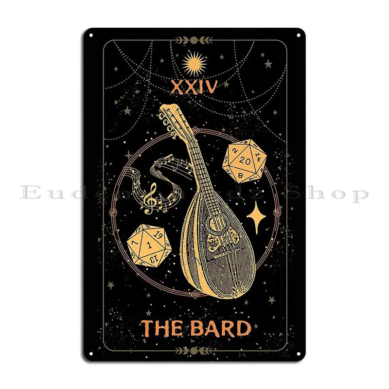 Dnd Bard أداة عزف موسيقى D20 النرد وبطاقة التارو نسخة لوحة معدنية ملصق تصميم سينما طباعة مضحك تين تسجيل ملصق