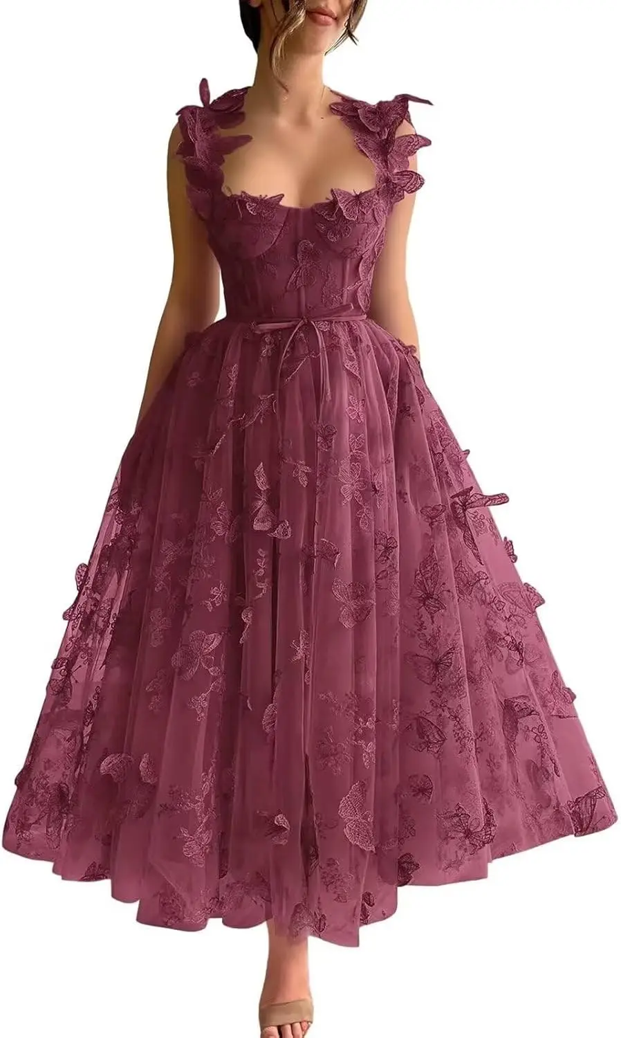 فستان نسائي أنيق من الشيفون على شكل فراشة ثلاثية الأبعاد مع تطريز بحزام سباغيتي، فستان سهرة رسمي جديد على شكل حرف a للحفلات المسائية