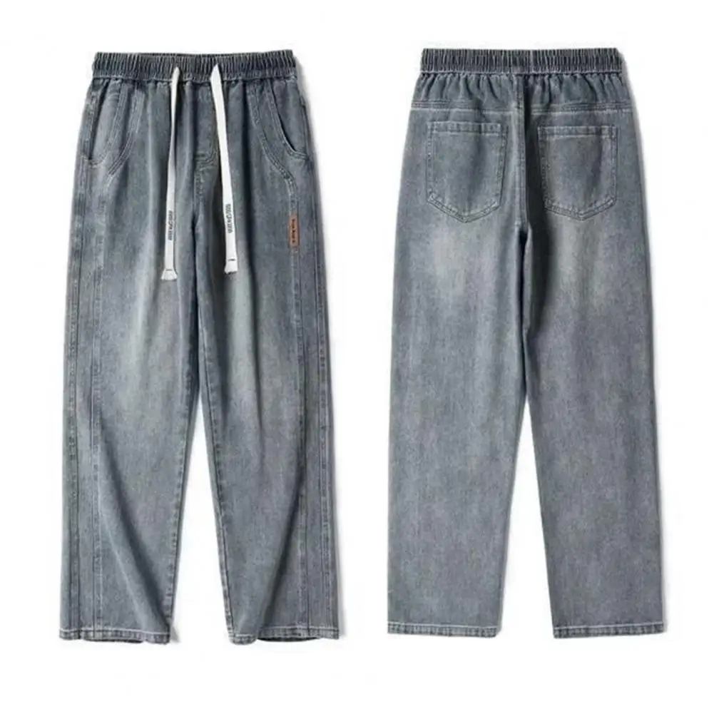 Denim Material Pants Men's Summer Jeans Elastic Waist Adjustable Drawstring Straight Wide Leg Casual Pants with Pockets in Solid