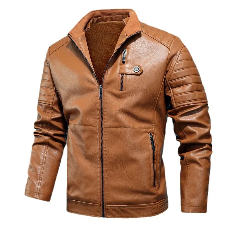 Men's Leather Jacket Loose PU Coat Fashionable Fleece Lined Hooded Warm Outerwear Casual Style Chinese Brand Clothing