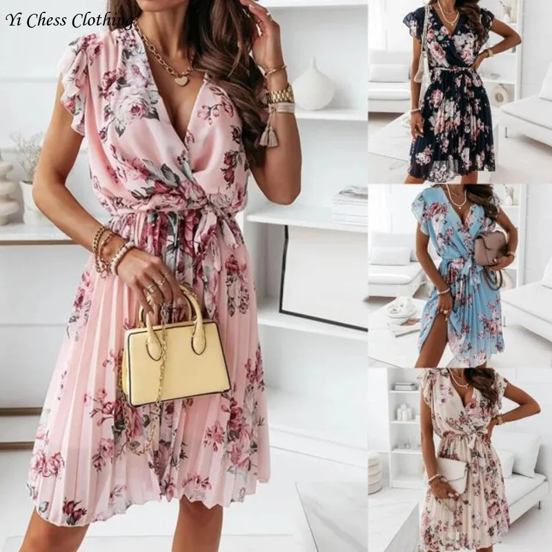 

2024 Summer Fashionable and Beautiful Women's Wear Ruffle Edge Short sleeved V-neck Digital Printed fashion dress with pleats