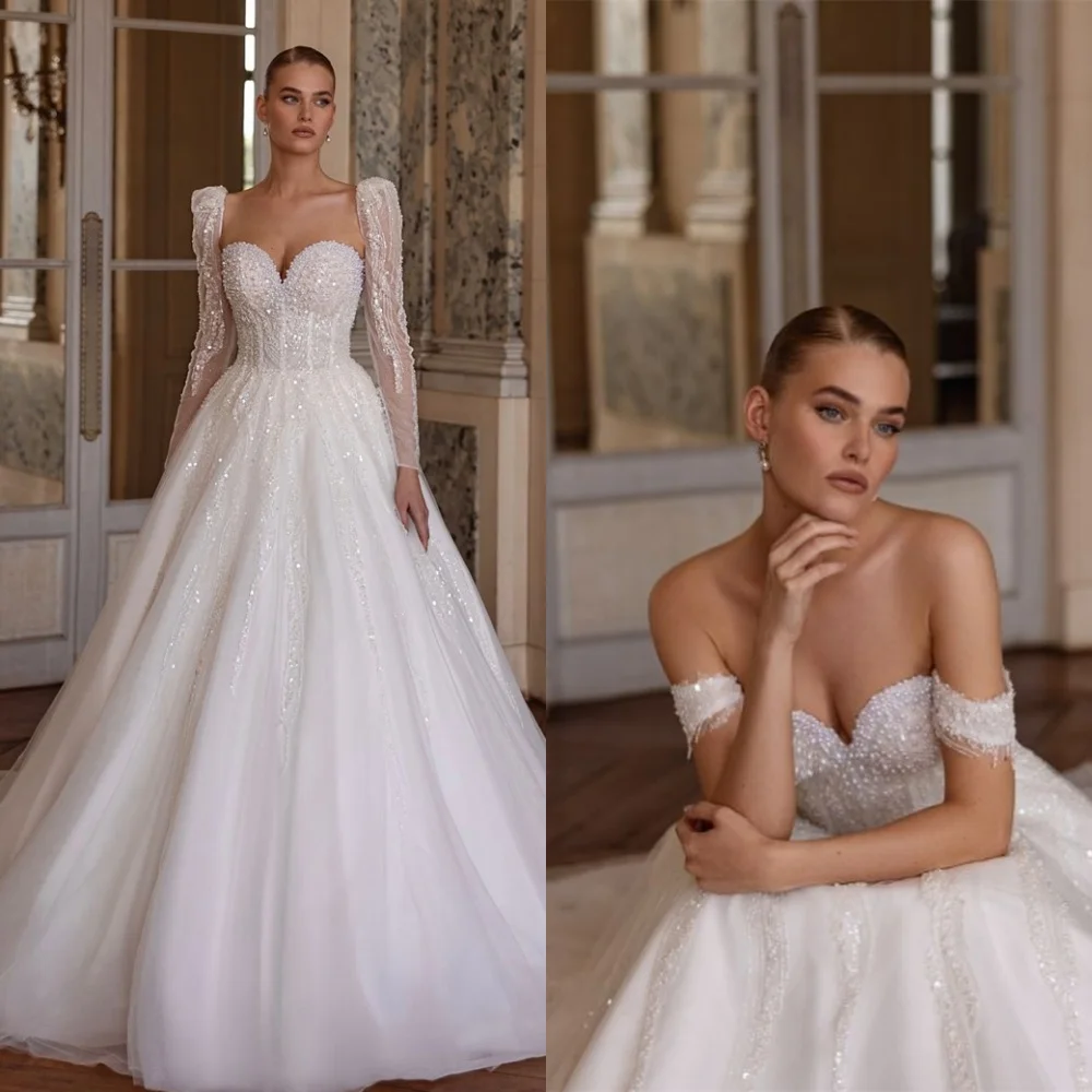 

Customized Pure White Organza Wedding Dress Exquisite Strapless Bridal Party Delicate Detachable Sleeve Zipper Back Bridal Gowns