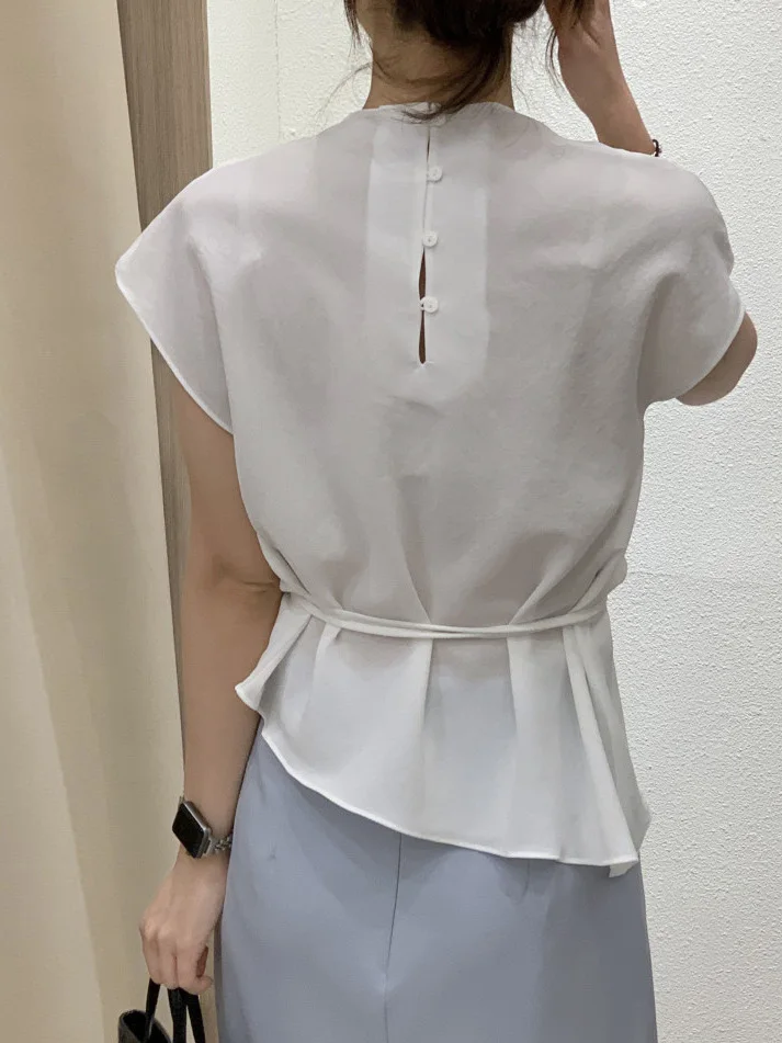

Ele Women's Chic Versatile Irt с поясом Summer Gentle Slimming White irt Commute Sle ort Sve round Ne Pure Color